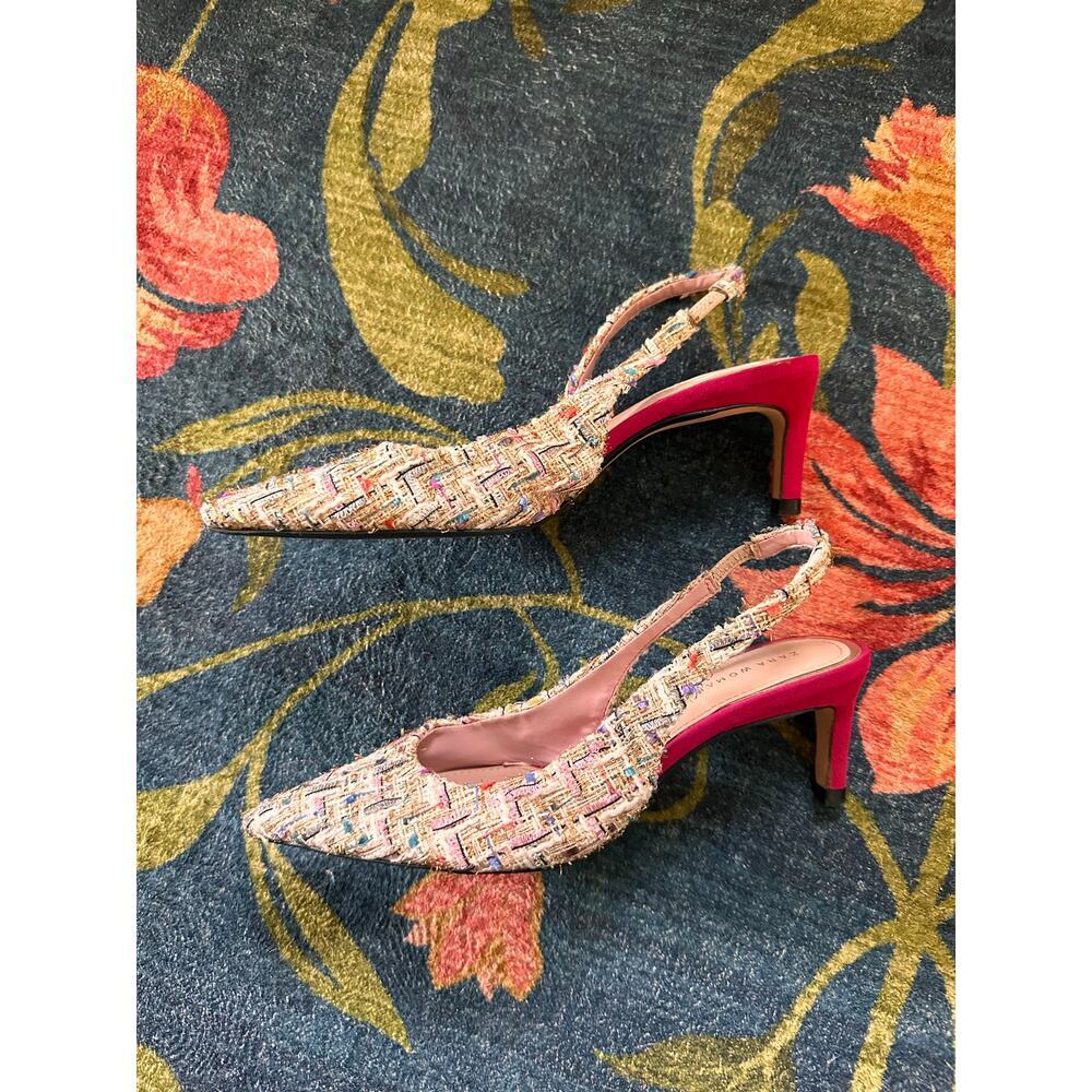 Zara Tweed Pointed Toe Slingback Heels Size 37 - Picture 5 of 10